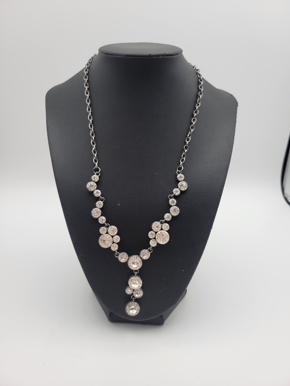 Gun metal Bubble Rhinestone Drop Y-Necklace in Clear Crystal